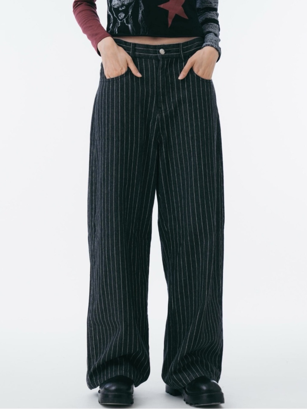 Wide Leg Pinstripe Trousers Whimsical Patches Sixth Dimension